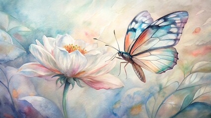 Watercolor painting of a butterfly on a white flower with pastel colors and a soft background, creating a dreamy and delicate illustration