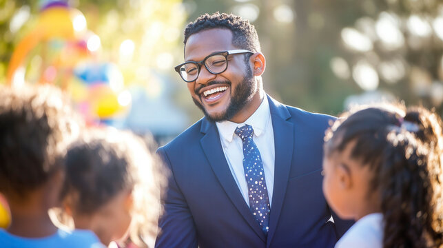 Community engagement event with smiling educator outdoor festival children’s activities joyful atmosphere