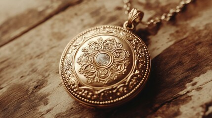 A vintage-style gold locket with ornate detailing set against a faded sepia background