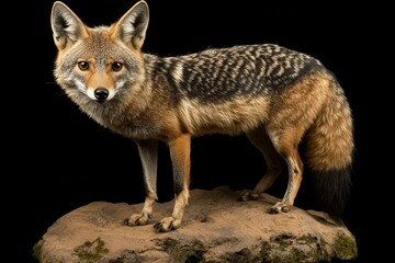 Fototapeta premium Realistic animal model of a fox on a natural rock base display