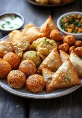 Assorted Indian Snack Platter with Samosas, Pakoras, and Lentil Balls Served on a Wooden Table with Accompaniments