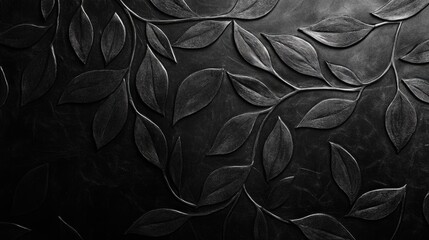 Black paper leaves subtly embossed on a black background, creating a sophisticated monochrome effect