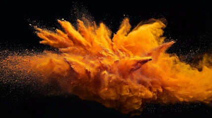 Captivating orange powder particles create an artistic splash isolated on black.