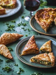 Assorted Savory Pastries on a Table with Fresh Herbs and Glass of Red Wine, Including Herb-Filled Triangles and Golden-Scored Pies