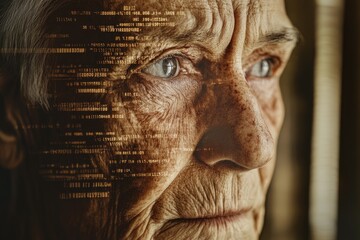 Close-up of an elderly woman's face overlaid with digital code, conveying themes of aging, technology, and data.