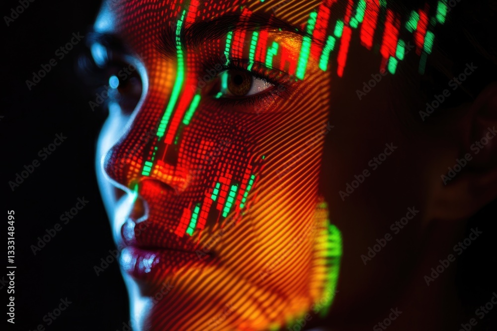 Poster a woman's face is illuminated with vibrant red and green data streams, creating a striking visual me