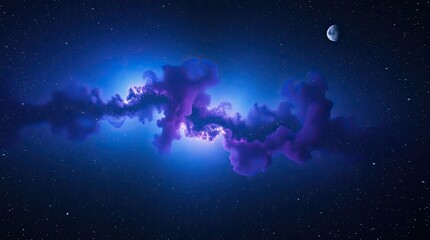 Fototapeta premium A vibrant cosmic cloud glows in shades of blue and purple against a star filled backdrop while a small moon orbits in the distance creating a celestial wonder