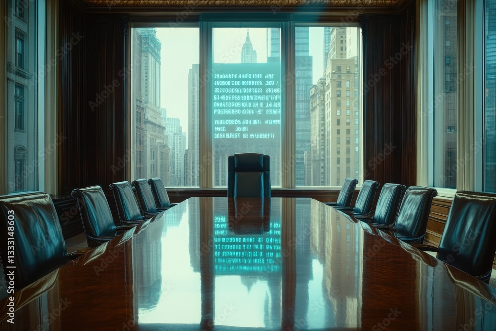 Poster a sleek, modern boardroom overlooking a cityscape, featuring a large window displaying coded text.