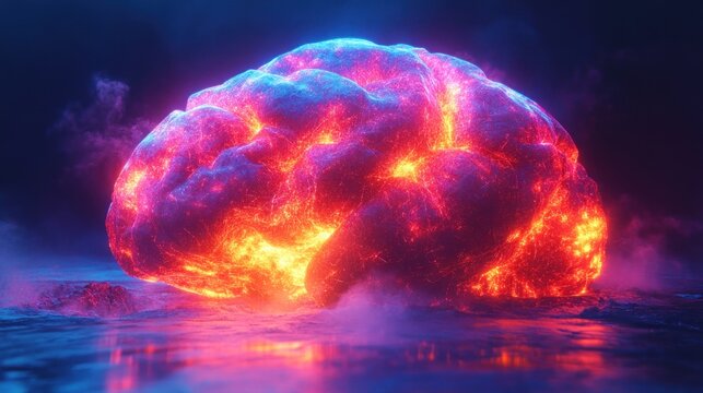Glowing brain exploding with energy in dark landscape with reflections