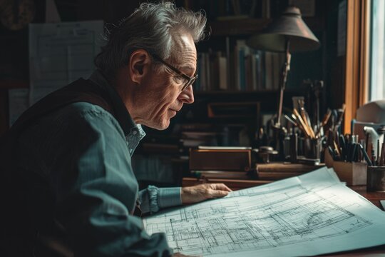 An elderly architect meticulously reviews blueprints, immersed in his detailed design work.