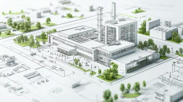 Modern industrial facility concept illustration showcasing a detailed energy plant with trees and urban surroundings, emphasizing clean energy and innovation