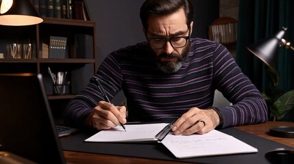 Fototapeta premium Diligent businessperson writing on paper taking notes during a virtual meeting for important tasks