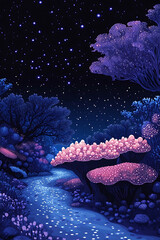 Enchanted night scene with glowing mushrooms by a serene river under a starry sky