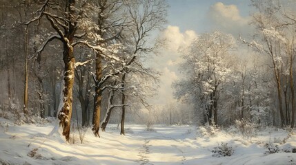Obraz premium Snowy forest path leads to brighter distance.