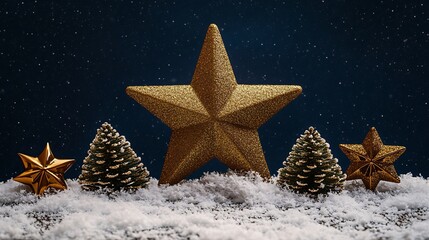 Golden Star for Snow, Christmas Decor, Night.