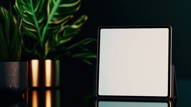 Creative display of a plant next to a blank card in a 3d product mockup for innovative presentation