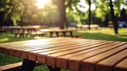 Blurred scenery enhances the charm of sturdy picnic tables made of wood.