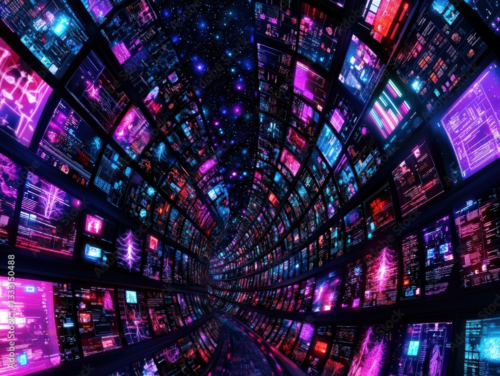 Poster tunnel of glowing television screens creating a digital labyrinth with a tree in the center