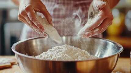 Fototapeta premium All-purpose flour and baking powder being sifted into a mixing bowl.