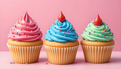 Cup cake vector set design. Cupcake clip art 3d realistic collection with colorful twirl icing and sprinkles for party event yummy dessert