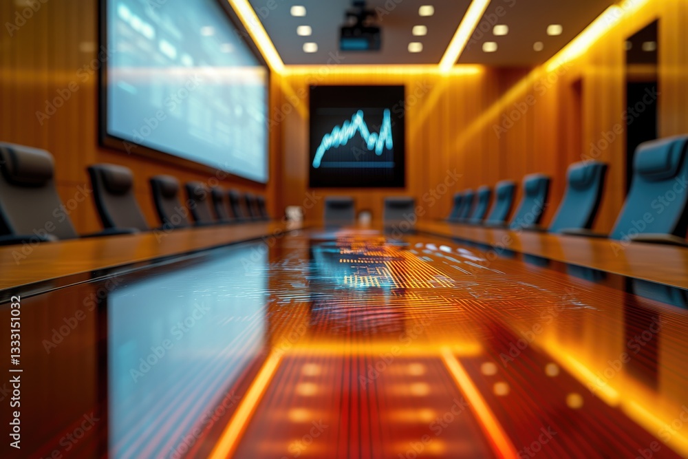Poster modern conference room with interactive table displaying financial data and growth charts on screens