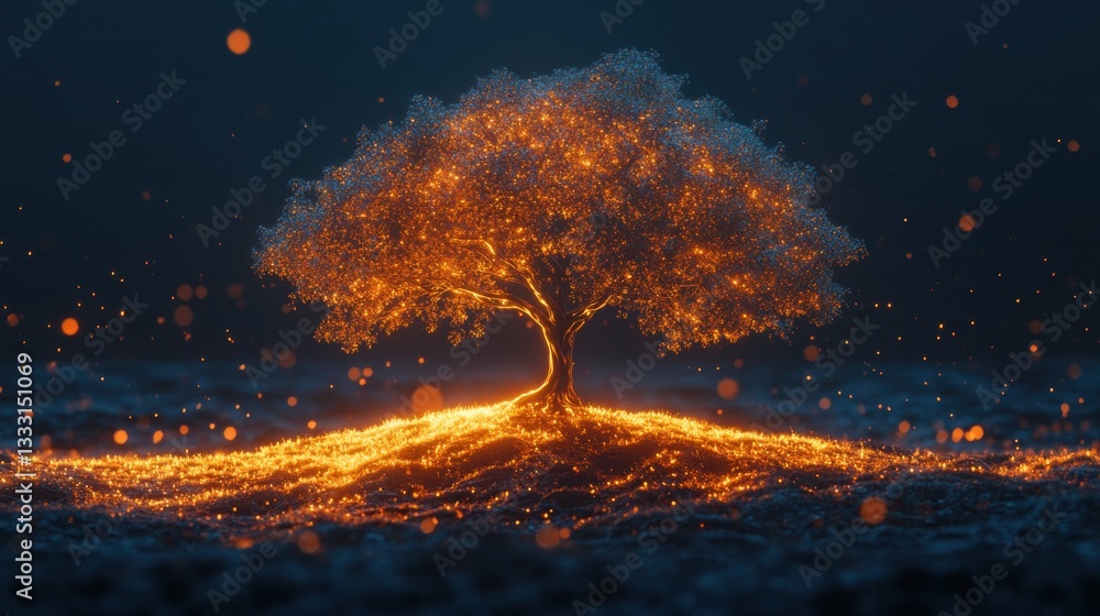 Poster luminous tree surrounded by glowing particles in dark environment