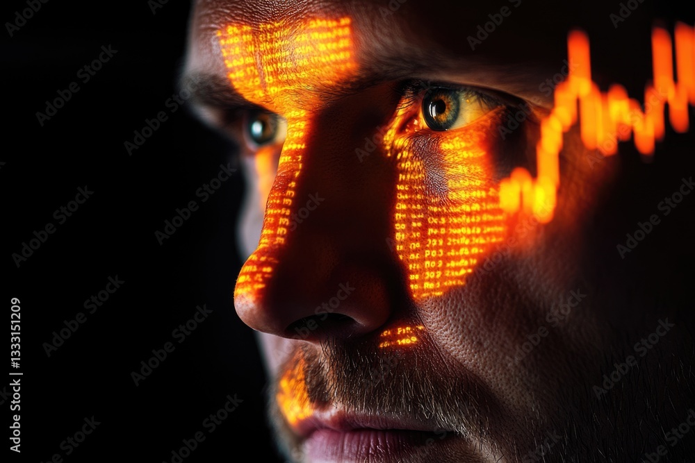 Poster a close-up of a man's face with glowing orange code and data overlay, suggesting digital identity or