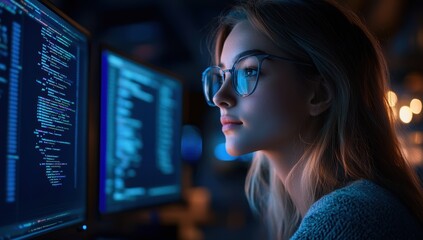A young female software developer working late at night in a dark room focused on coding and programming while looking at computer screens displaying lines of code