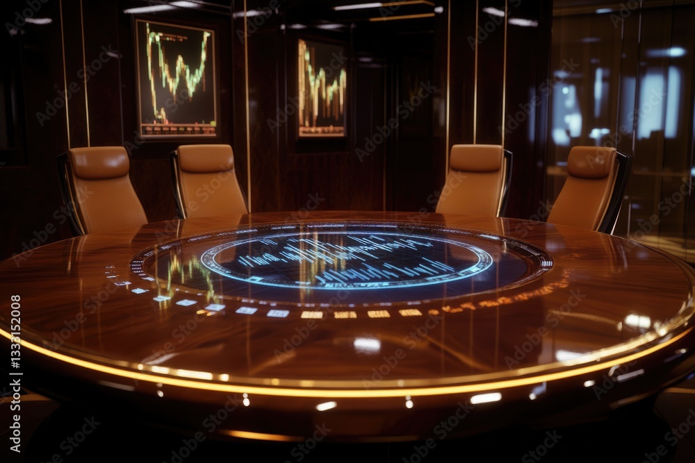 Poster a luxurious boardroom with a high-tech interactive table displaying financial data on screens.