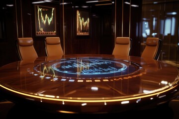 A luxurious boardroom with a high-tech interactive table displaying financial data on screens.
