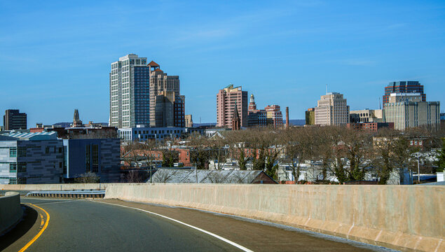 New Haven Skyline with Skyscrapers &ndash; A Striking Urban View from I-95 Interstate Highway in Connecticut, USA