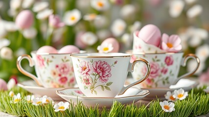 Fototapeta premium Delicate Easter Teacups with Floral Designs