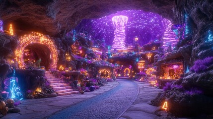 Obraz premium Magical cave town, vibrant colors, glowing structures