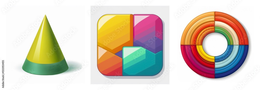 Poster three colorful shapes are displayed: a green and yellow cone, a square with vibrant blocks, and a se