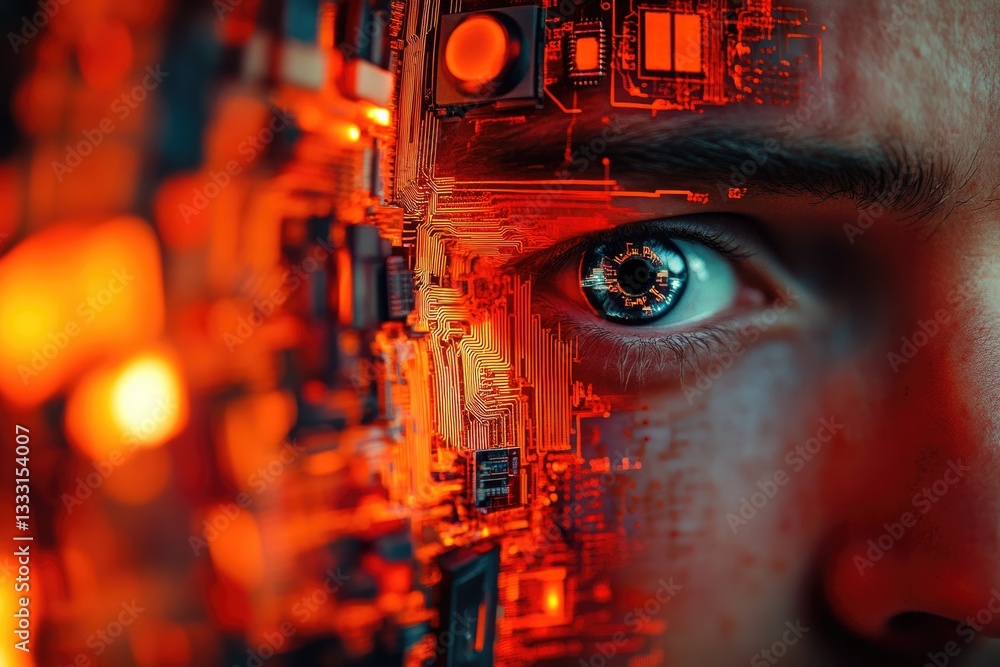 Aufkleber human eye merging with a circuit board, representing technological integration and futuristic concep