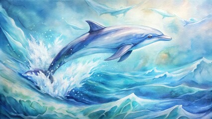 Fototapeta premium Watercolor painting of a dolphin leaping out of the ocean waves, showcasing shades of blue and white in a dynamic composition