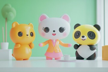Three adorable 3D animal characters, a bear, cat, and panda, enjoying tea together.