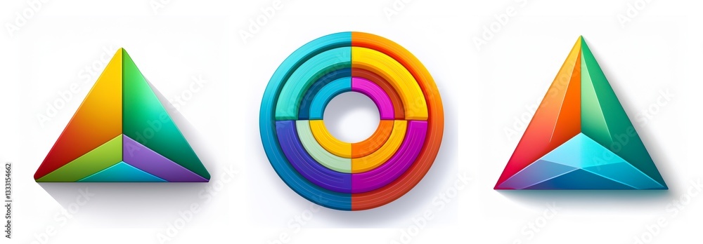 Poster three segmented shapes, triangles and a circle, are depicted against a white background, casting sof