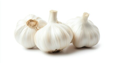 Three garlic heads with cloves on a clean white background.