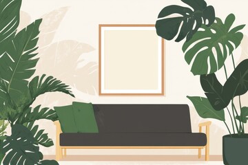 Cozy Living Room with Sofa Surrounded by Lush Green Plants