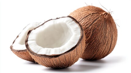 Half a coconut with a bite taken out, revealing its white flesh and brown shell.