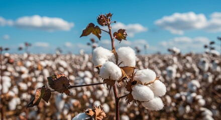 Field of Cotton: White bolls of ripe cotton ready for harvesting under blue sky