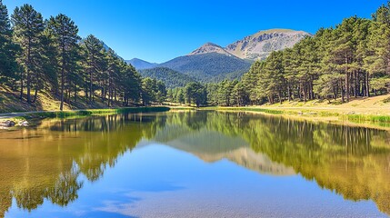 Serene Mountain Lake Reflection with Lush Green Pine Trees under a Bright Blue Sky