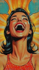 Joyful Woman Laughing with Vibrant Background and Speech Bubbles