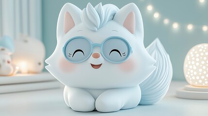 Adorable White Kitten Figurine with Blue Glasses on Table