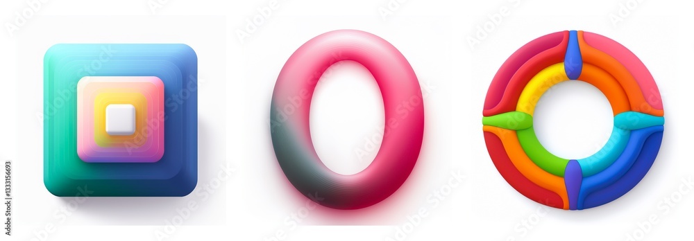 Poster three-dimensional shapes in bright gradient colors. a square, a ring, and a segmented circle are dis