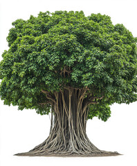 Fototapeta premium sprawling banyan tree with aerial roots and lush green canopy