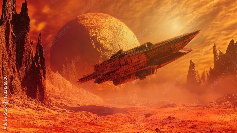 Poster a spaceship landing on a mysterious red planet. a paper art style 3d