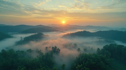 Misty Sunrise Over Lush Mountain Forests