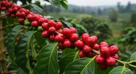 Obraz premium Coffee Plant Cherries Ready to Harvest